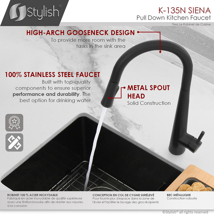 Stylish SIENA Single Handle Pull Down Kitchen Faucet