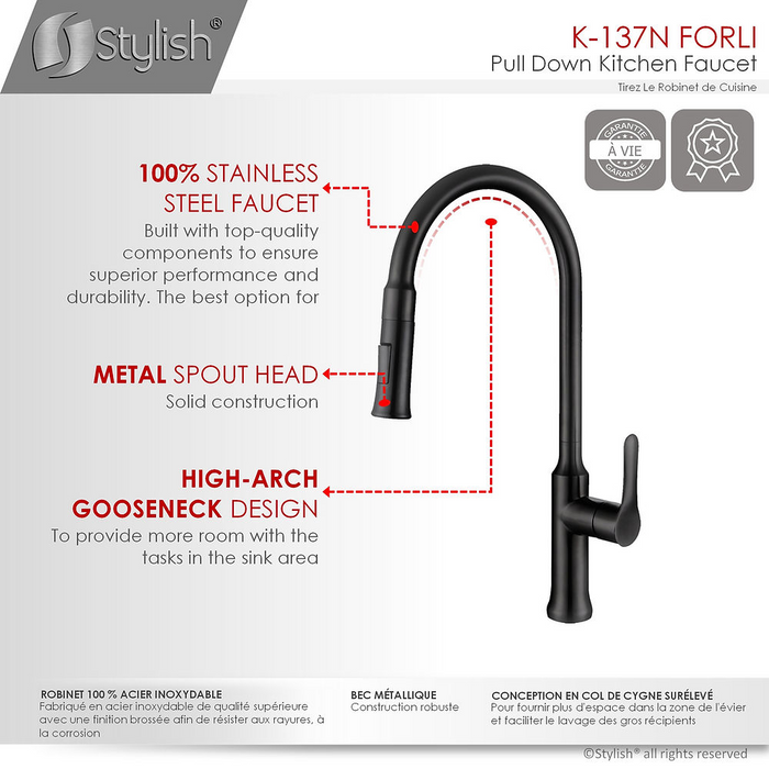 Stylish FORLI Single Handle Pull Down Kitchen Faucet