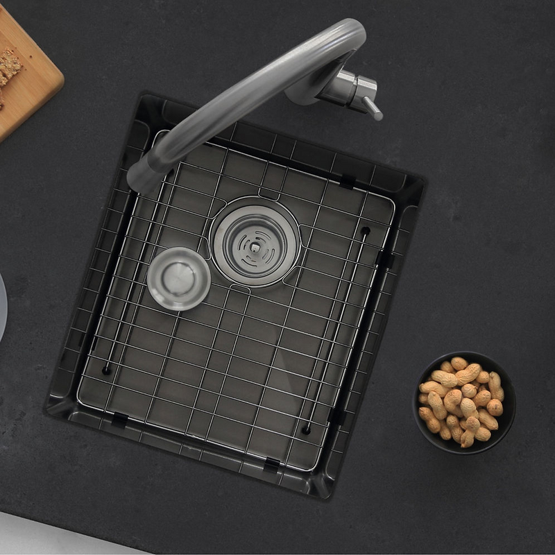 Stylish Lava 16" Graphite Black Single Bowl Undermount Stainless Steel Kitchen Sink with Grid & Basket Strainer - S-709XN
