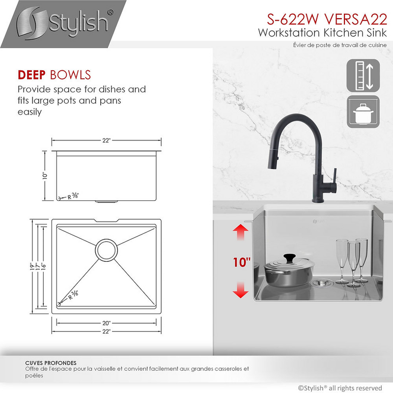 Stylish VERSA22 22" Workstation Single Bowl Undermount 16 Gauge Stainless Steel Kitchen Sink with Built in Accessories - S-622W