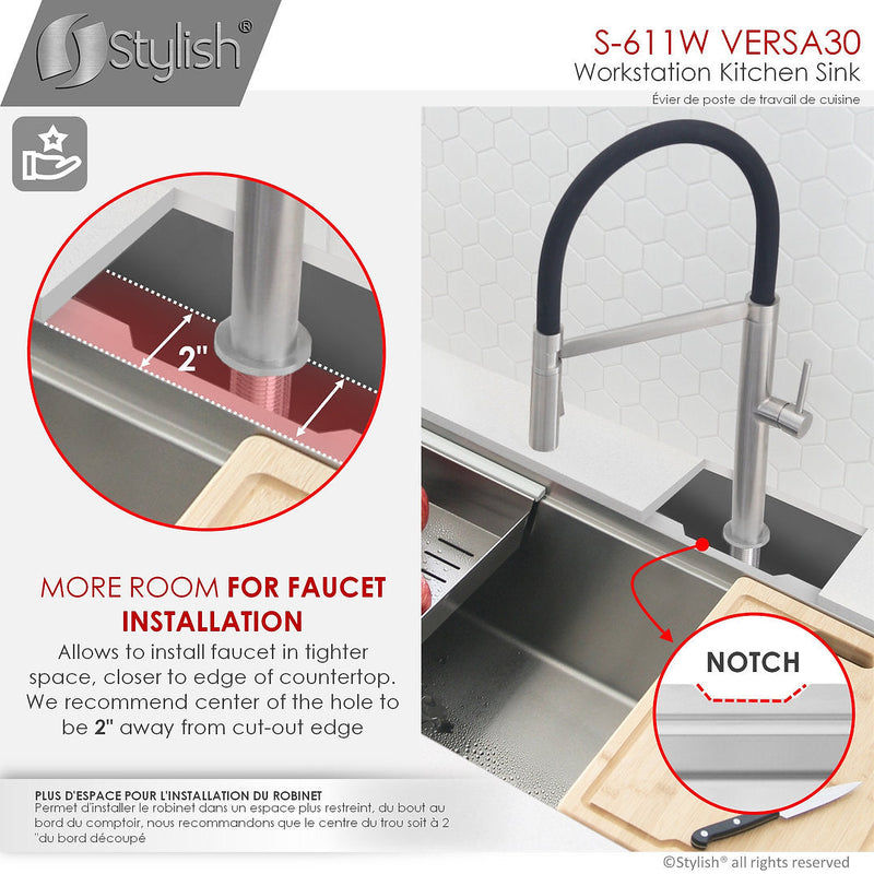 Stylish 30" VERSA30 S-611W Workstation Single Bowl Undermount Stainless Steel Kitchen Sink with Accessories