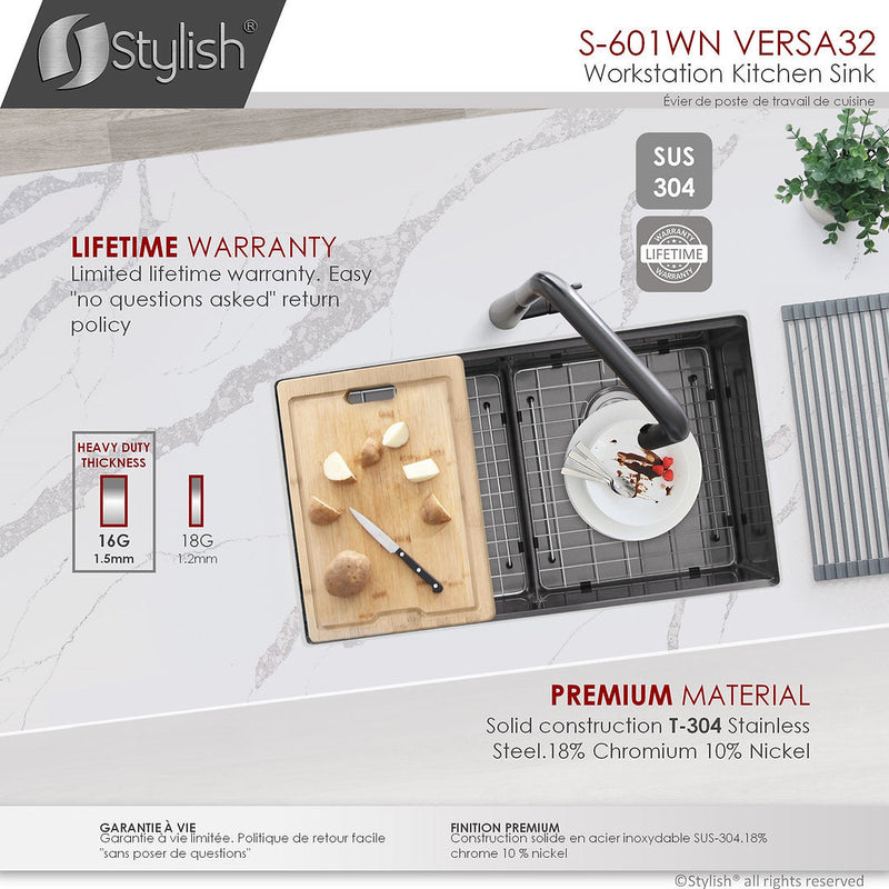 Stylish 32" VERSA32 S-601WN Workstation Double Bowl Undermount  Stainless Steel Kitchen Sink with Accessories