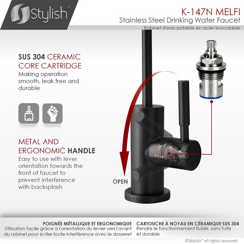 Stylish VENEZIA 1.5 GPM Pull Down Kitchen Faucet + Water Tap - Matte Black Finish - K130NK147N