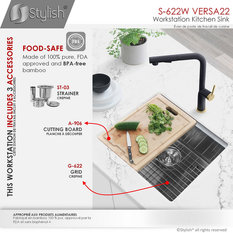 Stylish VERSA22 22" Workstation Single Bowl Undermount 16 Gauge Stainless Steel Kitchen Sink with Built in Accessories - S-622W