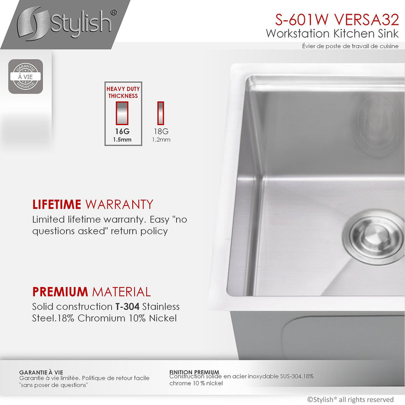 Stylish 32" VERSA32 S-601W Undermount Workstation Double Bowl Stainless Steel Kitchen Sink with Accessories