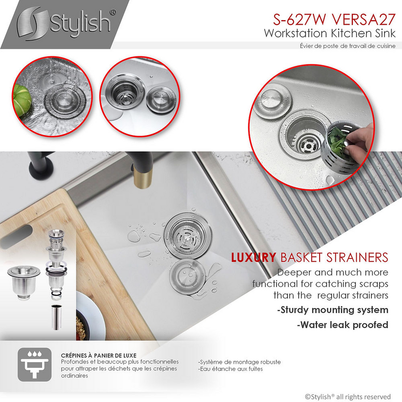 Stylish VERSA27 27" Workstation Single Bowl Undermount 16 Gauge Stainless Steel Kitchen Sink with Built in Accessories - S-627W
