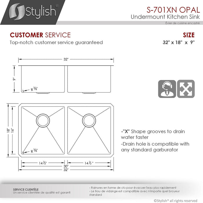 Stylish 32" OPAL S-701XN Graphite Black Double Bowl Undermount Stainless Steel Kitchen Sink with Grids and Basket Strainers