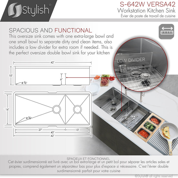 Stylish S-642W 42 inch Stainless Steel Workstation 70/30 Double Bowl Undermount Kitchen Sink with Accessories