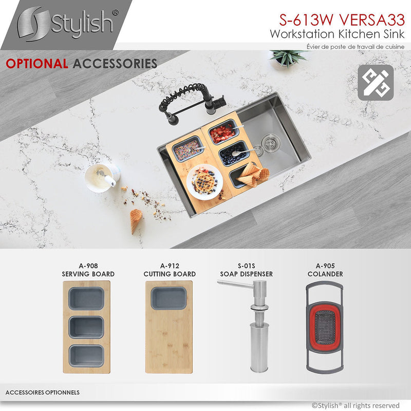 Stylish 33" VERSA33 S-613W Undermount Workstation Stainless Steel Single-Bowl Kitchen Sink with Accessories
