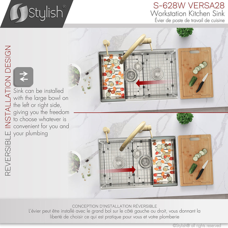 Stylish 28" VERSA28 S-628W Workstation 60/40 Double Bowl Undermount Stainless Steel Kitchen Sink with Accessories