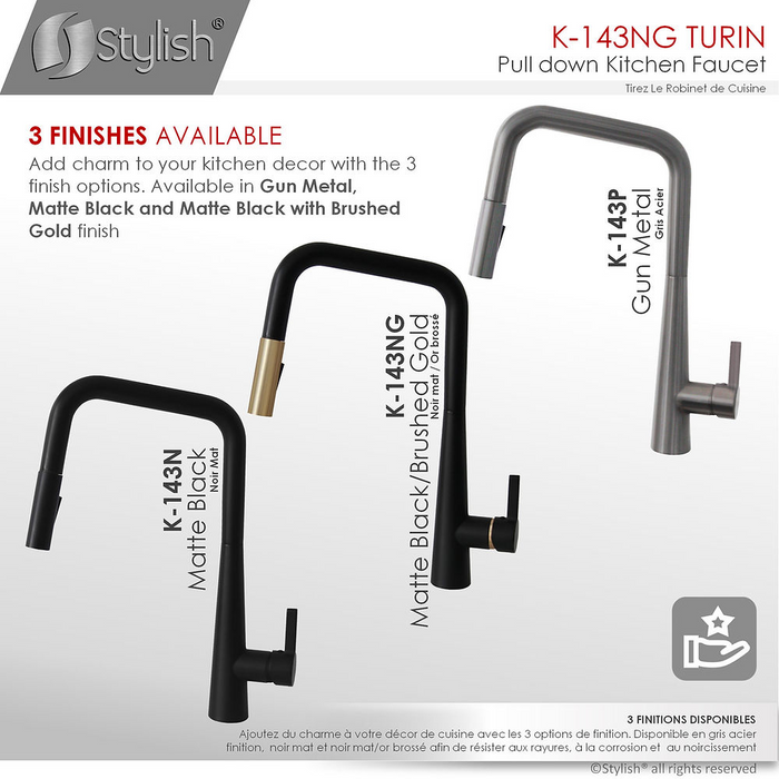 Stylish TURIN 1.8 GPM Single Handle Pull Down Kitchen Faucet - Matte Black/Gold Finish - K-143NG