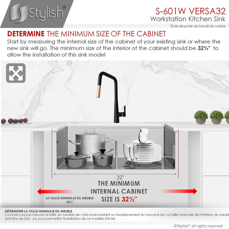 Stylish 32" VERSA32 S-601W Undermount Workstation Double Bowl Stainless Steel Kitchen Sink with Accessories