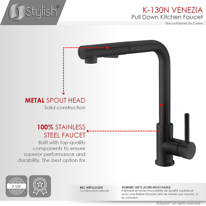 Stylish VENEZIA 1.5 GPM Pull Down Kitchen Faucet + Soap Dispenser - Matte Black Finish - K130NS01N