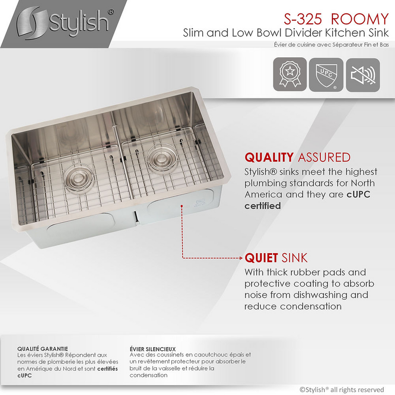 Stylish ROOMY 32" Double Bowl Kitchen Sink, 16 Gauge Stainless Steel with Grids and Basket Strainers - S-325XG