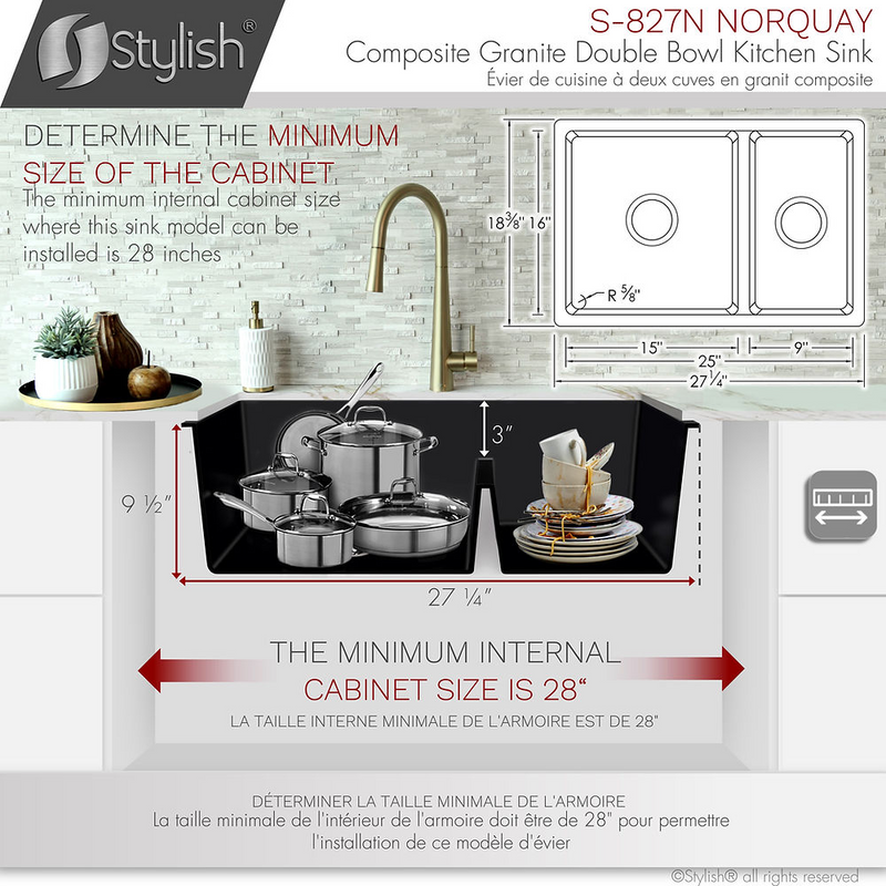 Stylish NORQUAY 27" Dual Mount 60/40 Double Bowl Composite Granite Kitchen Sink with Strainer