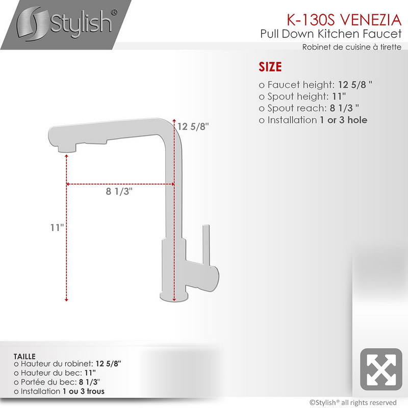 Stylish Pull Down 1.5 GPM Kitchen Faucet + Water Tap - Brushed Stainless Steel Finish - K130SK147S