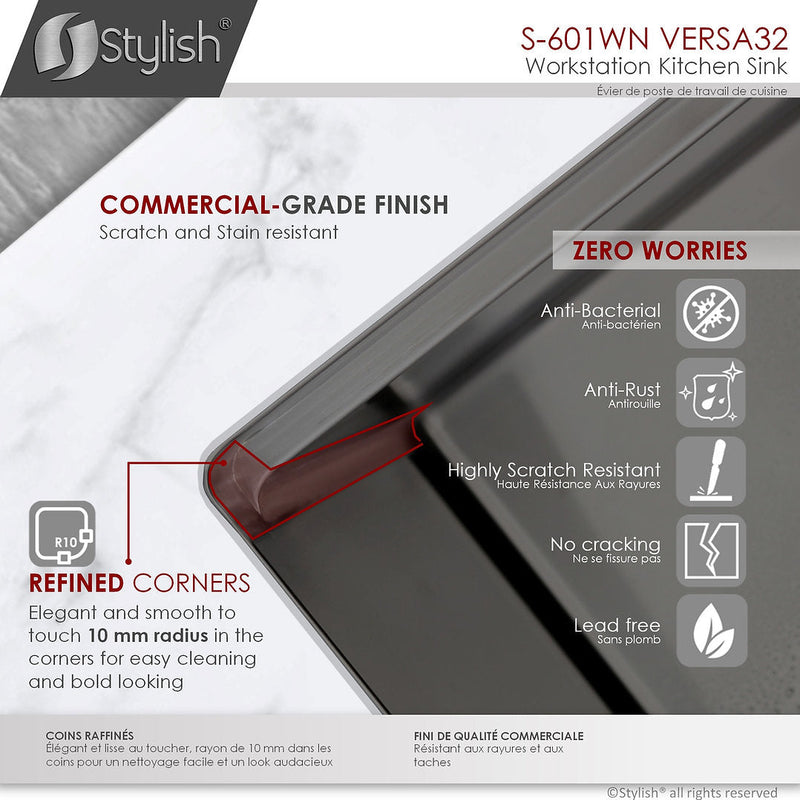 Stylish 32" VERSA32 S-601WN Workstation Double Bowl Undermount  Stainless Steel Kitchen Sink with Accessories