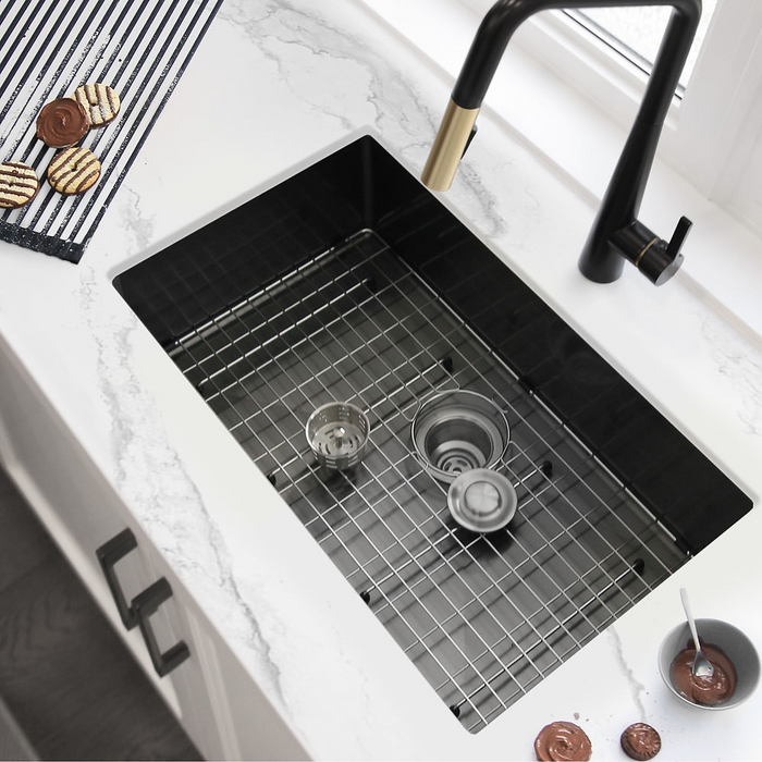 Stylish Agate 30" Graphite Black Single Bowl Undermount Stainless Steel Kitchen Sink with Grid & Basket Strainer - S-711XN