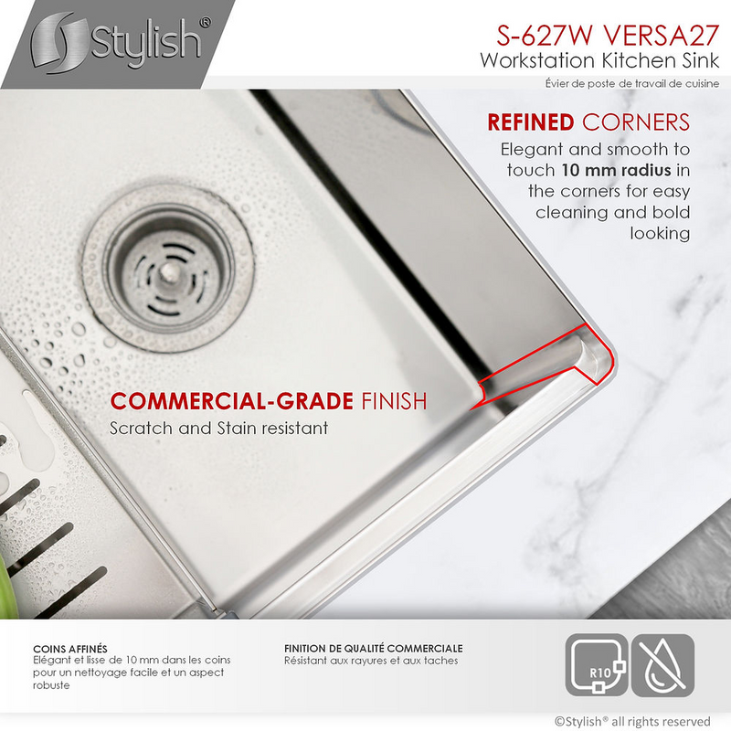 Stylish VERSA27 27" Workstation Single Bowl Undermount 16 Gauge Stainless Steel Kitchen Sink with Built in Accessories - S-627W