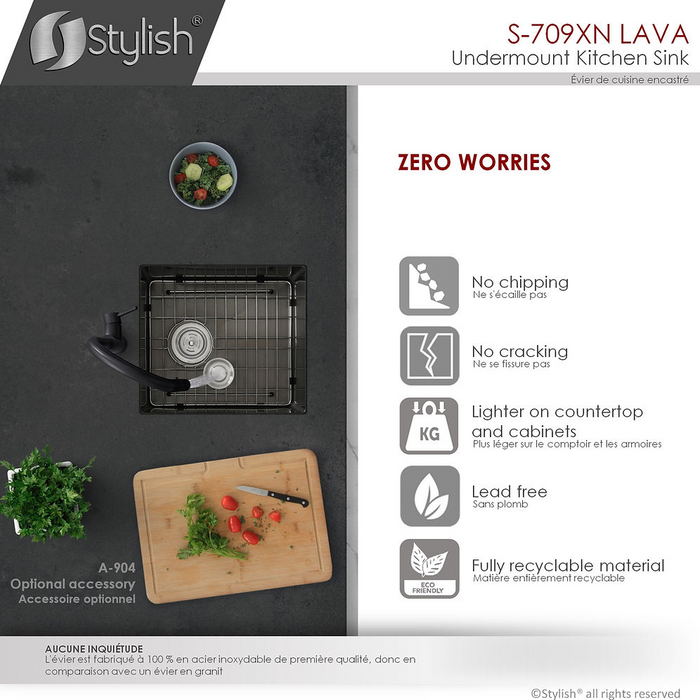Stylish Lava 16" Graphite Black Single Bowl Undermount Stainless Steel Kitchen Sink with Grid & Basket Strainer - S-709XN