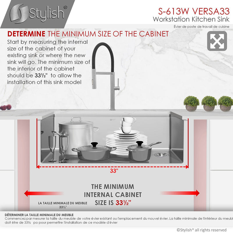 Stylish 33" VERSA33 S-613W Undermount Workstation Stainless Steel Single-Bowl Kitchen Sink with Accessories
