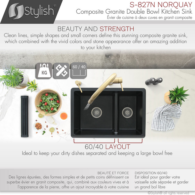 Stylish NORQUAY 27" Dual Mount 60/40 Double Bowl Composite Granite Kitchen Sink with Strainer