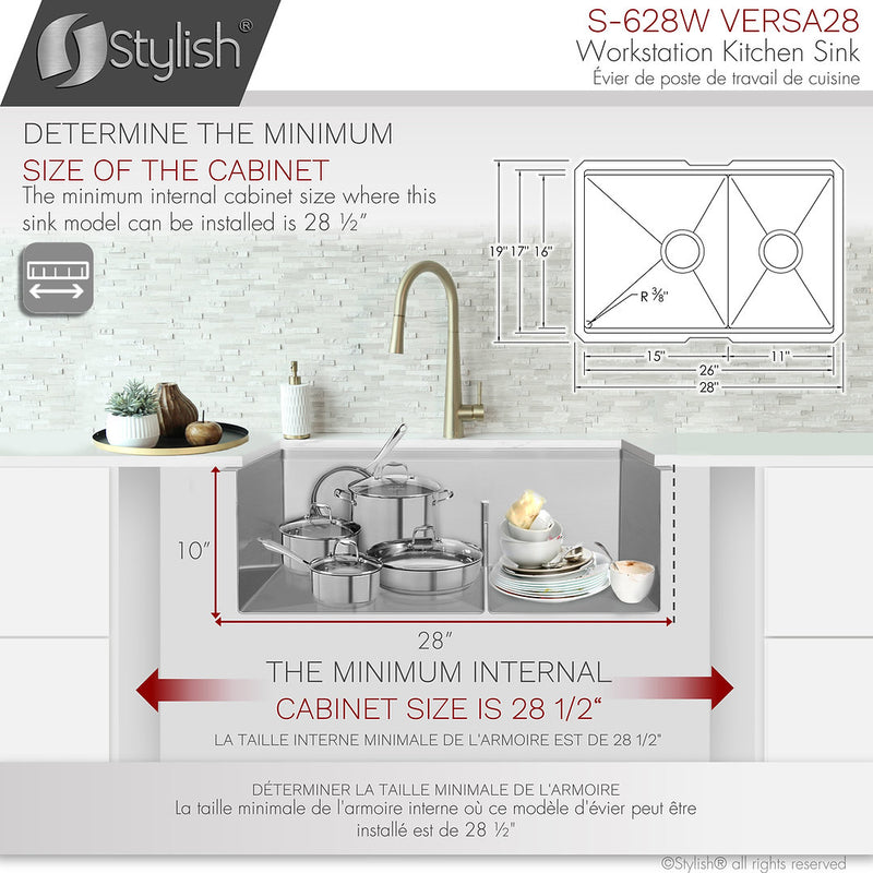 Stylish 28" VERSA28 S-628W Workstation 60/40 Double Bowl Undermount Stainless Steel Kitchen Sink with Accessories