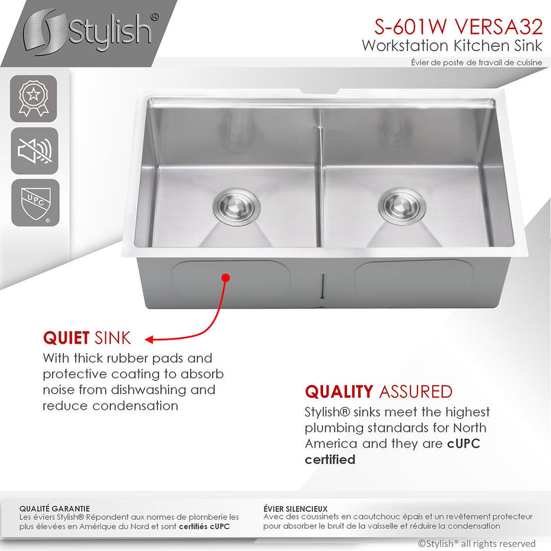 Stylish 32" VERSA32 S-601W Undermount Workstation Double Bowl Stainless Steel Kitchen Sink with Accessories