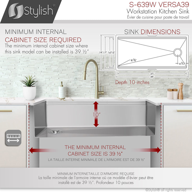 Stylish 39" VERSA39 S-639W Workstation Single Bowl Undermount 16 Gauge Stainless Steel Kitchen Sink with Accessories