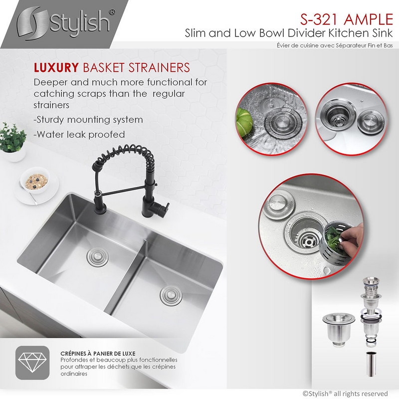 Stylish AMPLE 32" Double Bowl Kitchen Sink, 16 Gauge Stainless Steel with Grids and Basket Strainers - S-321XG