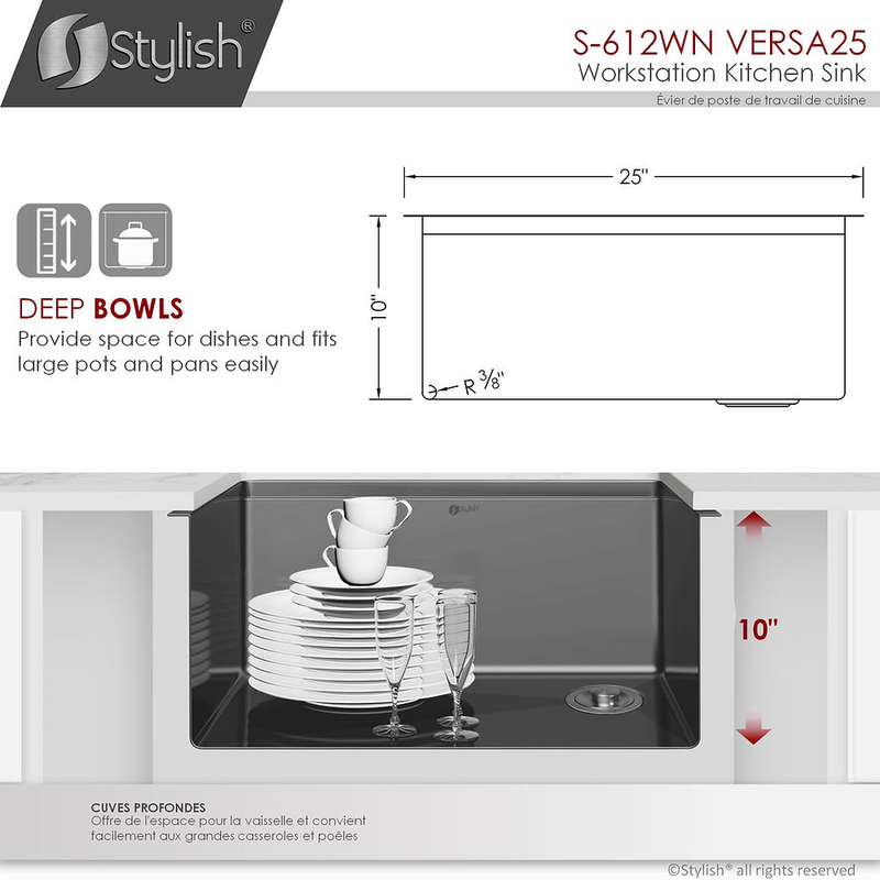 Stylish VERSA25 25" Handmade Workstation Single Bowl Kitchen Sink Built in Accessories