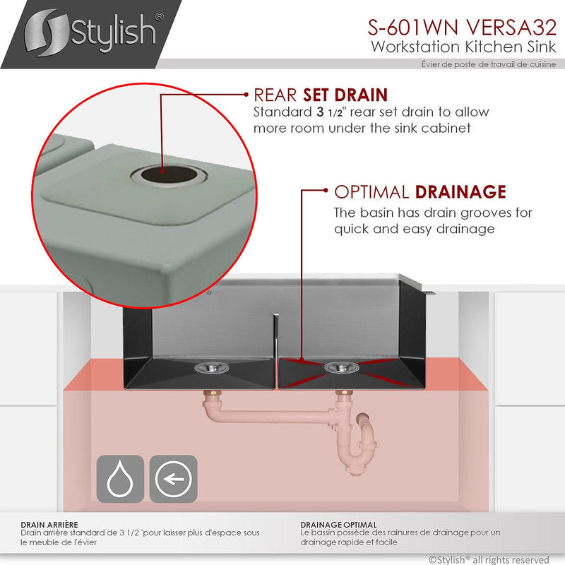 Stylish 32" VERSA32 S-601WN Workstation Double Bowl Undermount  Stainless Steel Kitchen Sink with Accessories