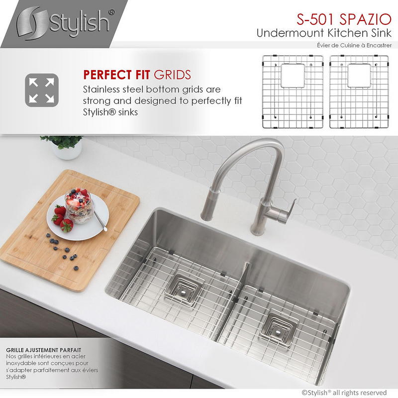 Stylish SPAZIO 33" Double Bowl Kitchen Sink, 16 Gauge Stainless Steel with Grids and Square Basket Strainers - S-501XG