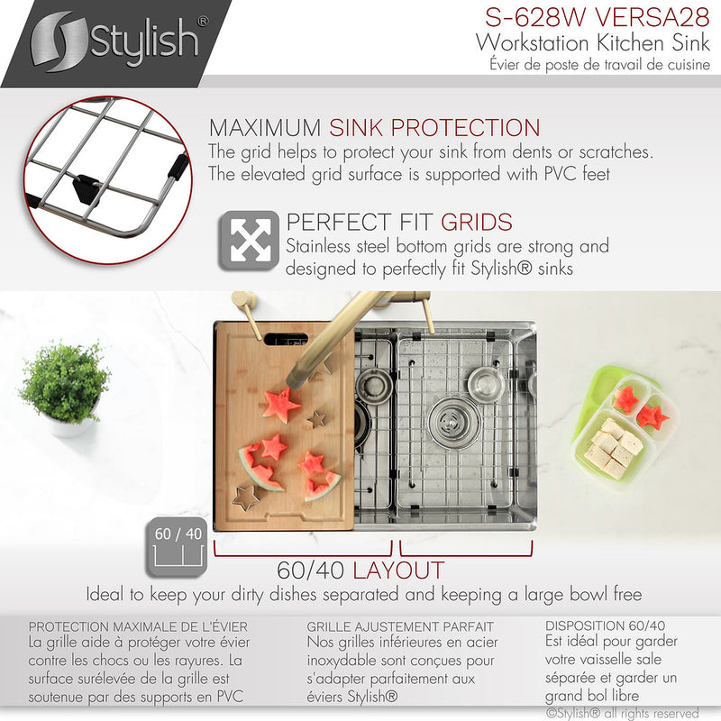 Stylish 28" VERSA28 S-628W Workstation 60/40 Double Bowl Undermount Stainless Steel Kitchen Sink with Accessories