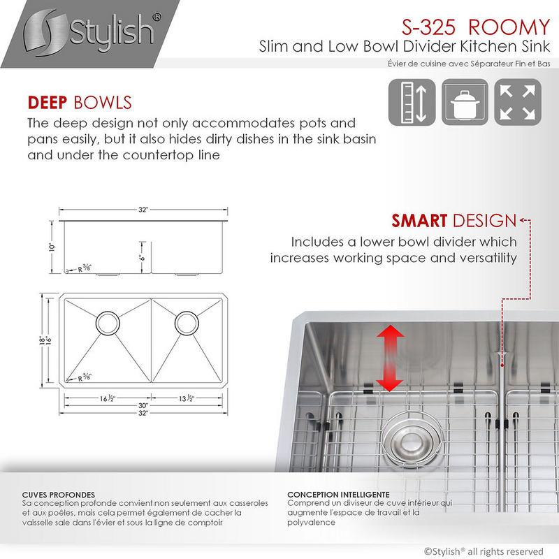 Stylish ROOMY 32" Double Bowl Kitchen Sink, 16 Gauge Stainless Steel with Grids and Basket Strainers - S-325XG