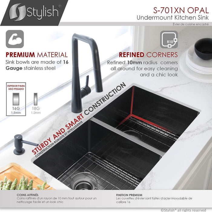 Stylish 32" OPAL S-701XN Graphite Black Double Bowl Undermount Stainless Steel Kitchen Sink with Grids and Basket Strainers