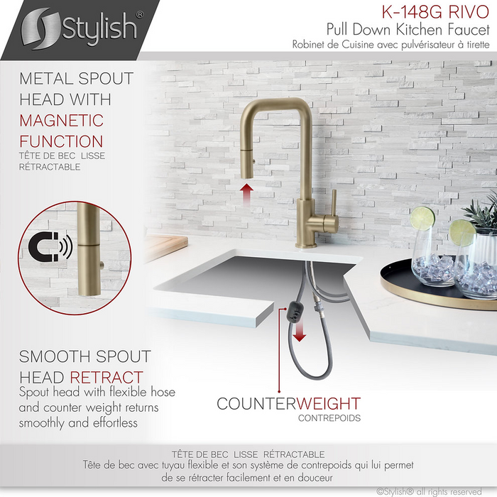 Stylish RIVO Single Handle Pull Down Kitchen Faucet