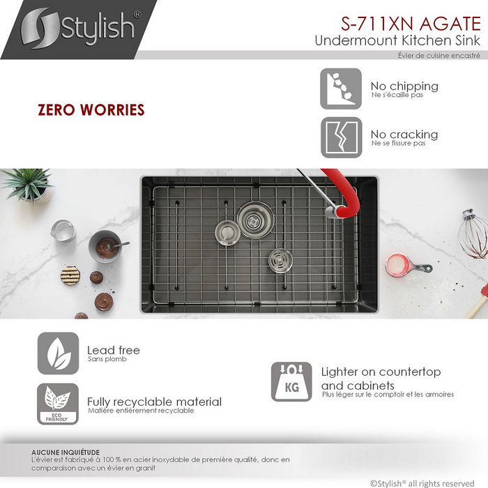 Stylish Agate 30" Graphite Black Single Bowl Undermount Stainless Steel Kitchen Sink with Grid & Basket Strainer - S-711XN