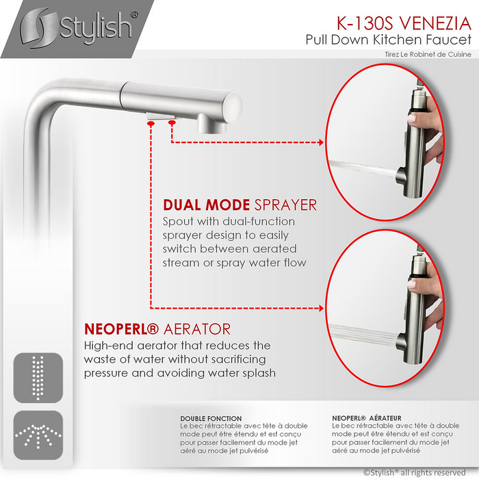 Stylish VENEZIA Single Handle Pull Down Kitchen Faucet