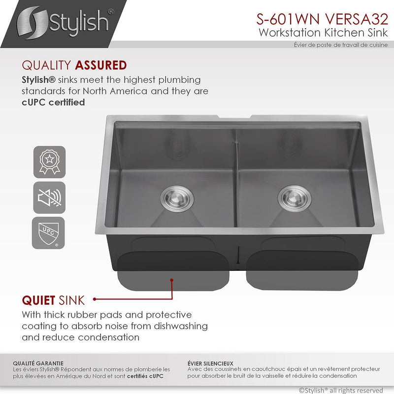 Stylish 32" VERSA32 S-601WN Workstation Double Bowl Undermount  Stainless Steel Kitchen Sink with Accessories