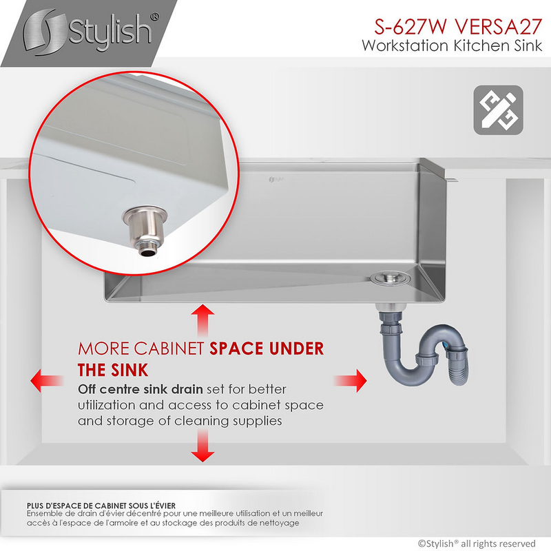 Stylish VERSA27 27" Workstation Single Bowl Undermount 16 Gauge Stainless Steel Kitchen Sink with Built in Accessories - S-627W
