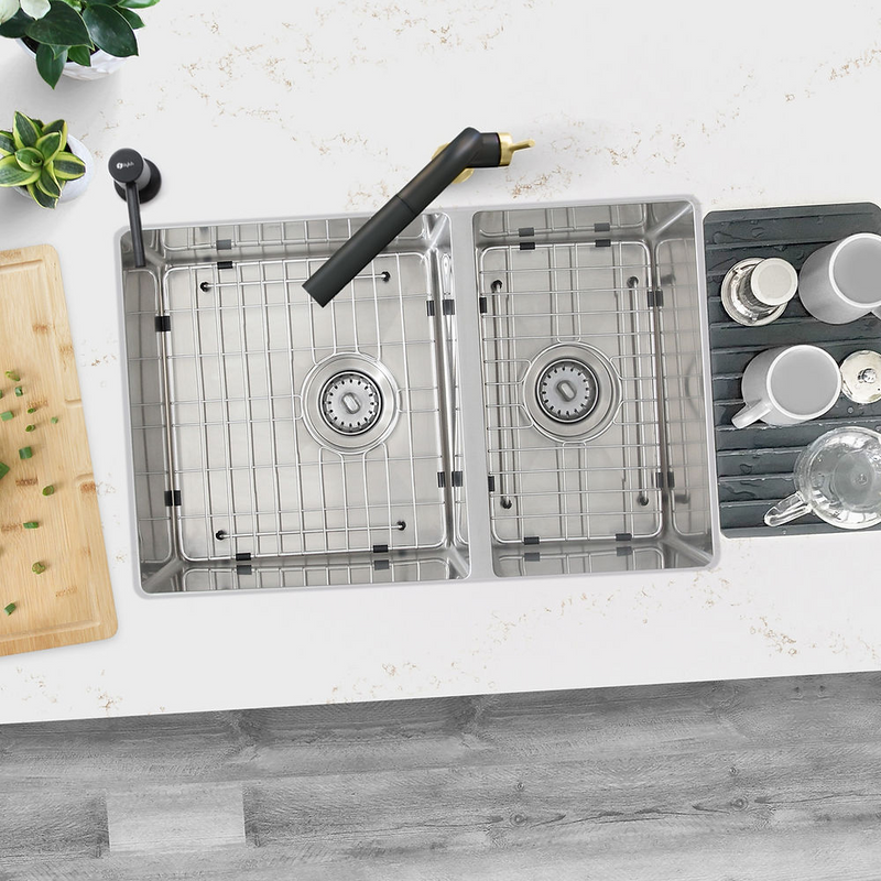 Stylish SEVILLA 28" Undermount Double Bowl Kitchen Sink, 18 Gauge Stainless Steel with Grids and Standard Strainers - S-403G