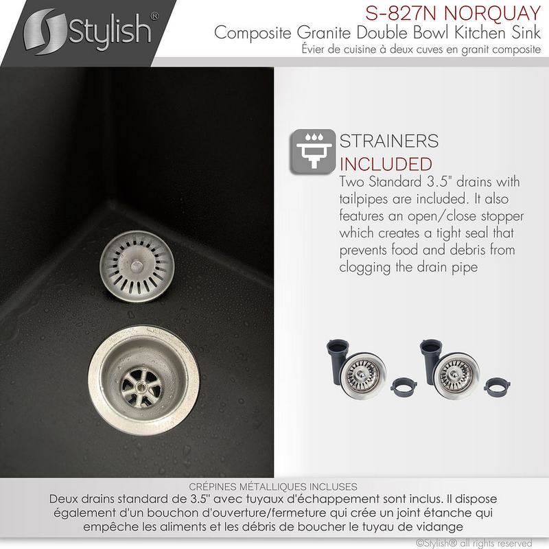 Stylish NORQUAY 27" Dual Mount 60/40 Double Bowl Composite Granite Kitchen Sink with Strainer
