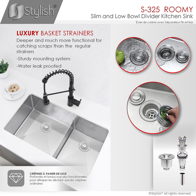 Stylish ROOMY 32" Double Bowl Kitchen Sink, 16 Gauge Stainless Steel with Grids and Basket Strainers - S-325XG