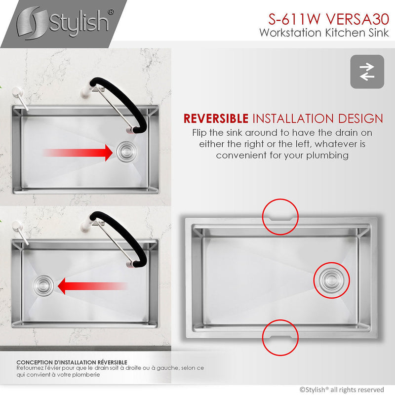 Stylish 30" VERSA30 S-611W Workstation Single Bowl Undermount Stainless Steel Kitchen Sink with Accessories