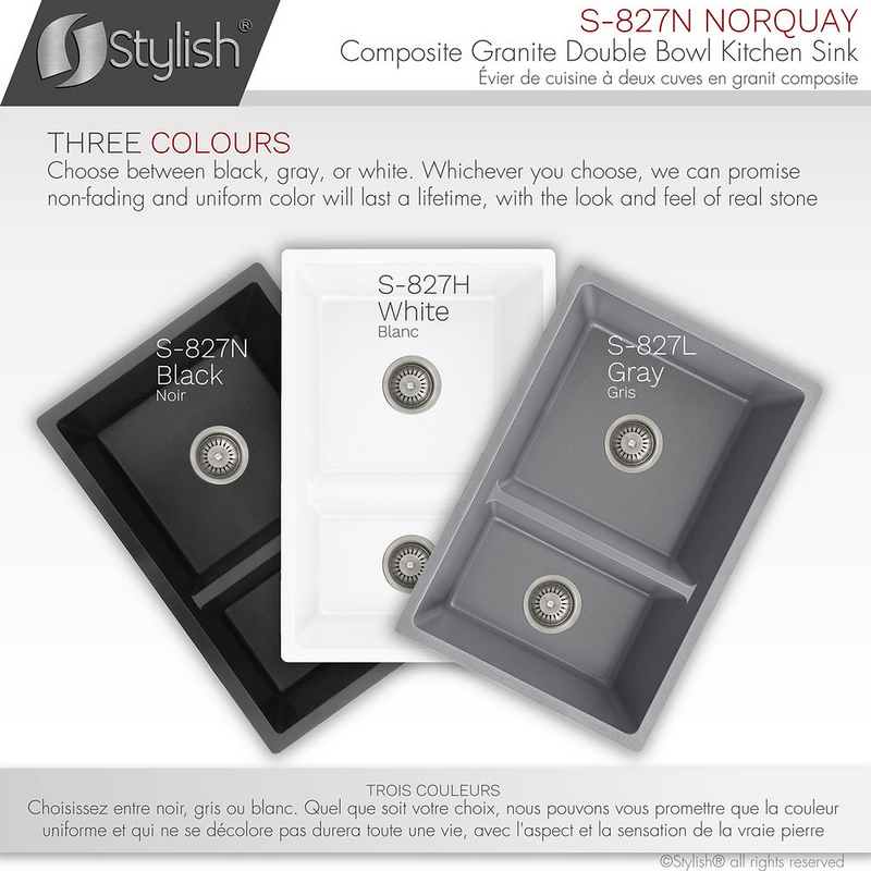 Stylish NORQUAY 27" Dual Mount 60/40 Double Bowl Composite Granite Kitchen Sink with Strainer