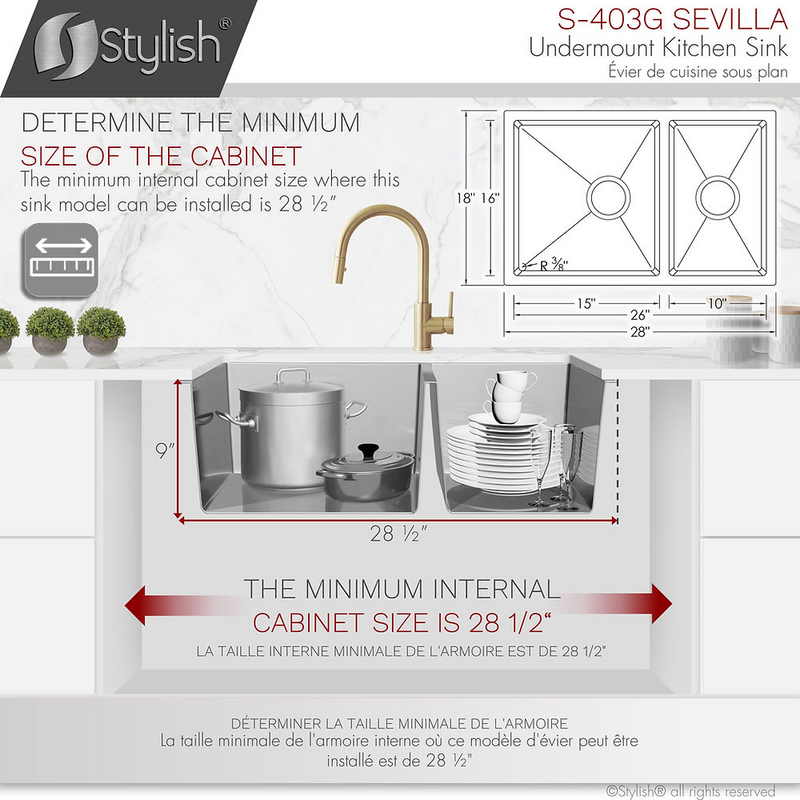 Stylish SEVILLA 28" Undermount Double Bowl Kitchen Sink, 18 Gauge Stainless Steel with Grids and Standard Strainers - S-403G