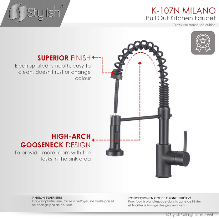 Stylish Milano Single Handle Pull Down Kitchen Faucet - Matte Black - K-107N