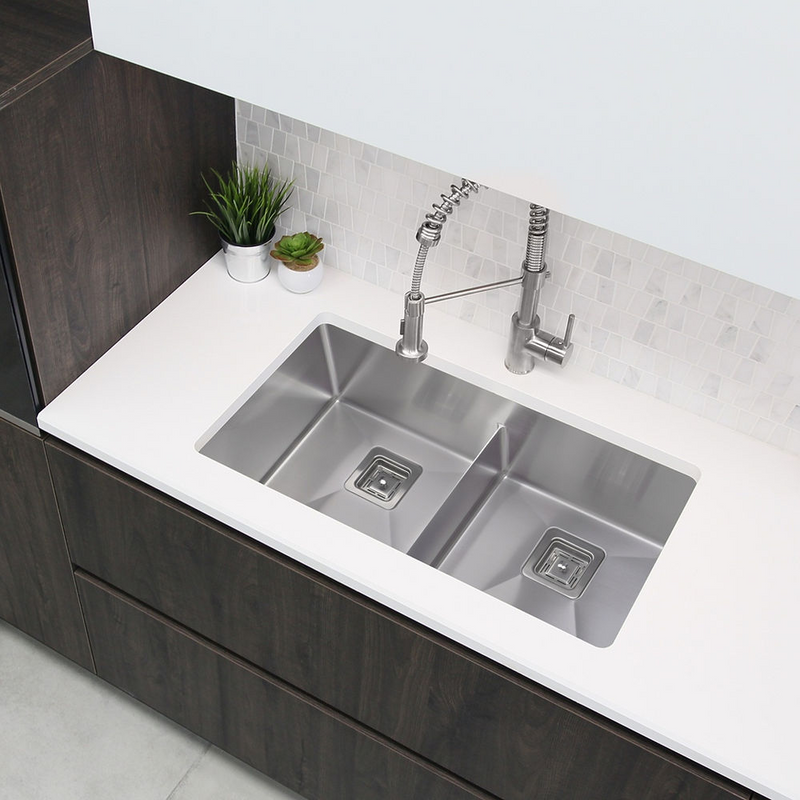 Stylish SPAZIO 33" Double Bowl Kitchen Sink, 16 Gauge Stainless Steel with Grids and Square Basket Strainers - S-501XG