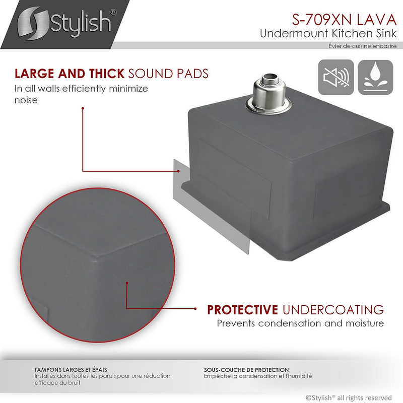 Stylish Lava 16" Graphite Black Single Bowl Undermount Stainless Steel Kitchen Sink with Grid & Basket Strainer - S-709XN